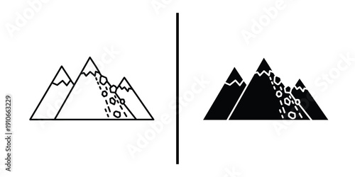 Mountain Landslide and Rockfall Avalanche Icon Set Vector Line and Silhouette