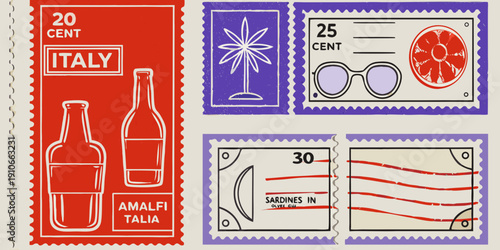 Vintage italian postage stamps featuring travel and food motifs