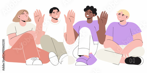 Diverse group of young people raising hands in a cheerful illustration
