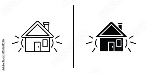 Earthquake Shaking House and Alarm Alert Icon Set Vector Line and Silhouette