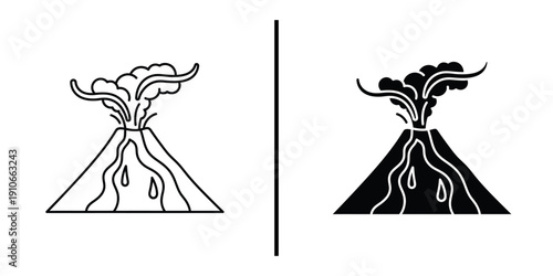 Erupting Volcano with Lava and Smoke Icon Set Vector Line and Silhouette