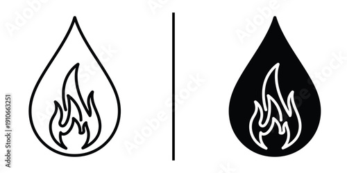 Flammable Oil Drop and Fire Fuel Icon Set Vector Line and Silhouette