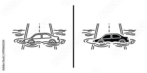 Car Submerged in Flood Water Icon Set Vector Line and Silhouette
