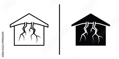 Cracked House and Earthquake Damage Icon Set Vector Line and Silhouette