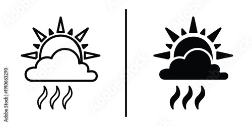 Sun with Cloud and Heat Vapor Icon Set Vector Line and Silhouette