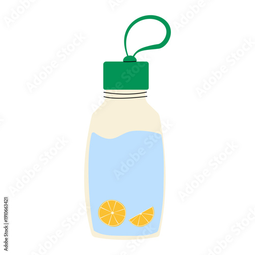 Glass water bottle with lemon slices and green cap, detox drink for healthy lifestyle