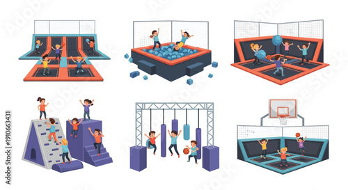 Colorful indoor trampoline park with various activities and joyful people