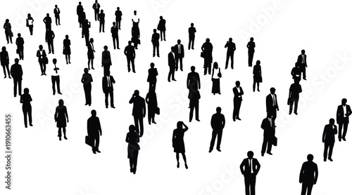 Large group of diverse business people silhouettes standing in different poses isolated on light background for corporate workforce concept