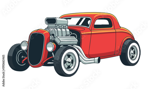 Red Hot Rod Car Illustration with Exposed Supercharged Engine