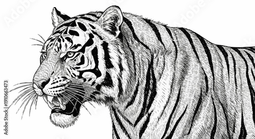 Majestic Tiger Head Profile Black and White Illustration.