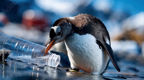 Penguin near a floating plastic bottle on icy water, environmental pollution and Antarctic conservation concept