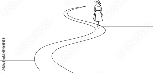 Minimalist line art illustration of woman walking along winding road isolated on light background symbolizing journey, freedom and life path concept