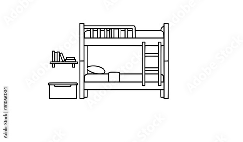 Minimalist Kids Bunk Bed Room Interior Black White Outline Vector