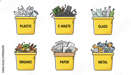 Six Yellow Recycling Bins for Different Waste Types.