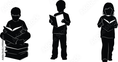 Silhouettes of children reading books, symbolizing literacy, education, learning, and knowledge, ideal for school concepts, library themes, and childhood reading awareness designs.