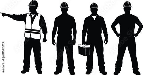 Construction worker silhouette set featuring engineers and builders in safety helmets, professional labor poses and tools, black vector collection for industry, engineering and workplace design