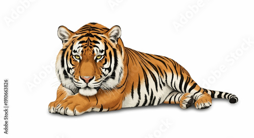 Majestic tiger resting peacefully on a clean white background.
