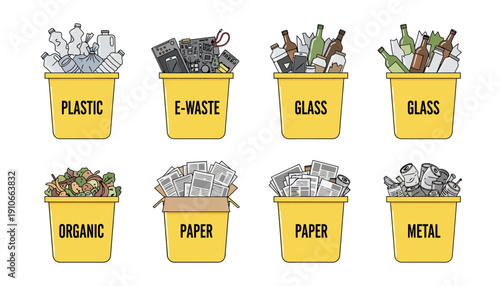 Colorful illustration of recycling bins for different materials.