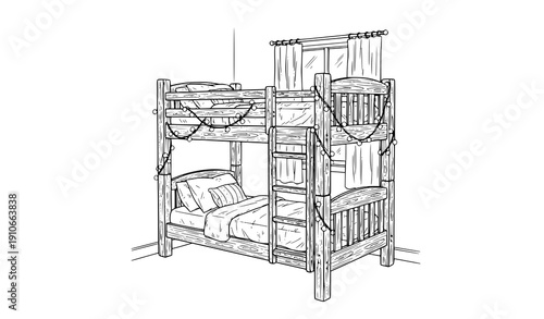 Hand Drawn Bunk Bed Kids Bedroom Interior Sketch Black White Vector Art