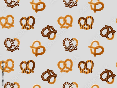 Seamless  pattern pretzel in various variant on grey background.