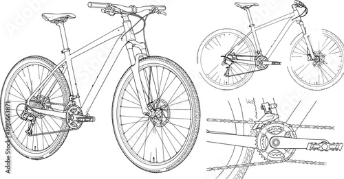 Mountain bike technical line art illustration set with side view, perspective view and drivetrain detail isolated on white background for cycling design