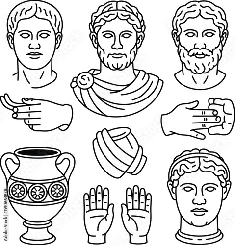 Line art of ancient Roman and Greek cultural elements including busts, hand gestures, amphora vase, scrolls, and symbolic classical antiquity designs for education and art.