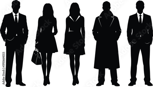 Professional business people silhouettes in formal attire isolated on light background representing corporate team and leadership concept