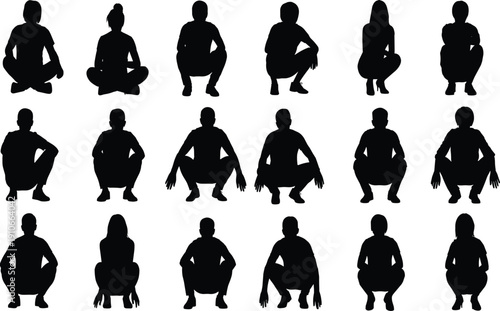 People squatting and sitting poses silhouette set isolated on white background vector illustration collection