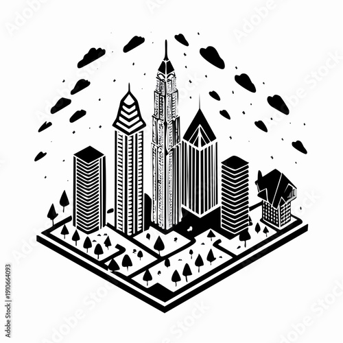 Black and white cityscape with skyscrapers and trees illustration.