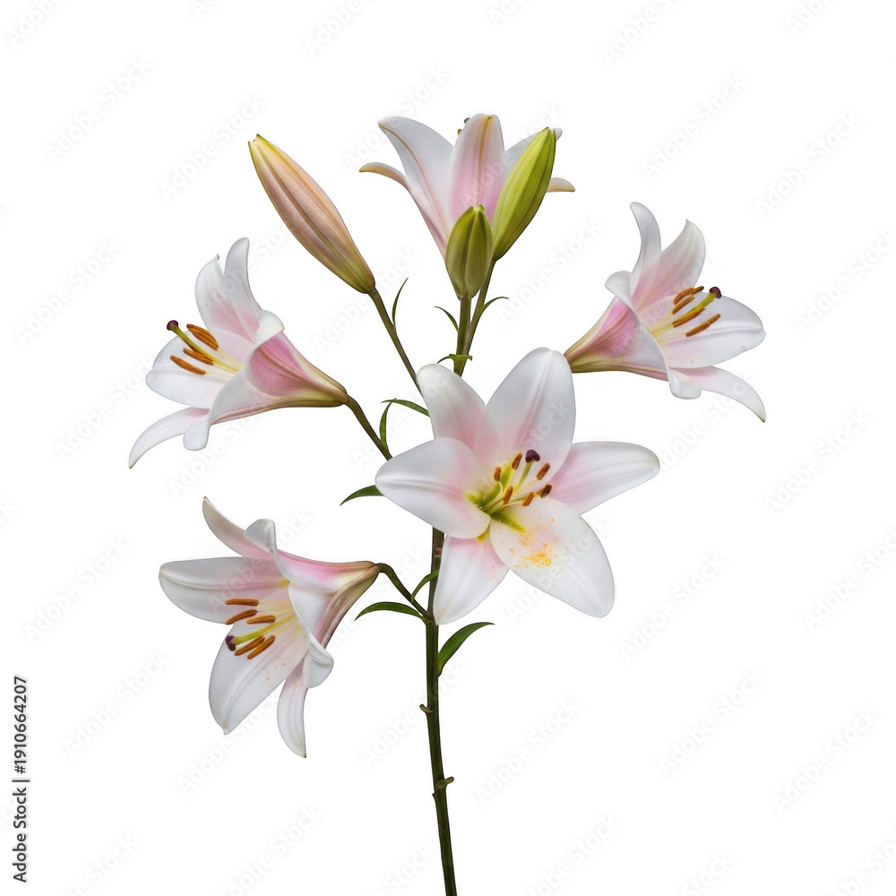 Fototapeta premium A delicate bouquet of white lilies with yellow centers and green stems isolated on transparent background