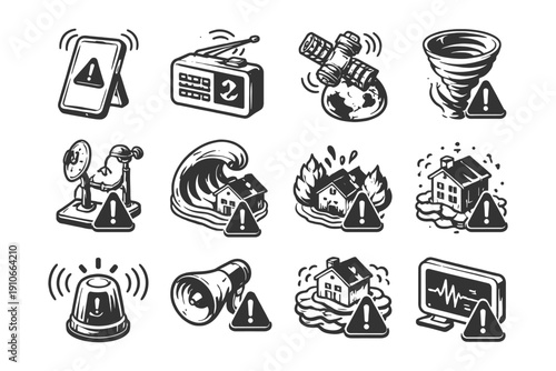 Emergency alert icons: natural disasters and communication symbols.
