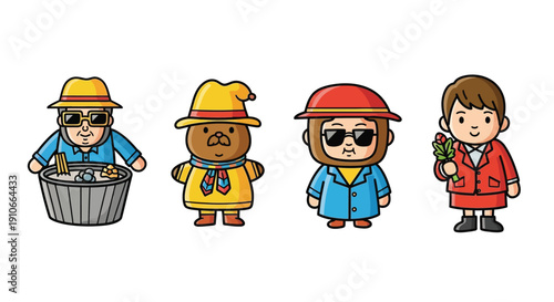 Four cartoon characters in a row each with unique attire and accessories