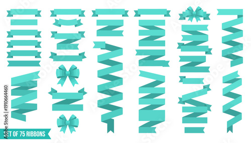 Set of 75 turquoise decorative ribbons and elements for design.