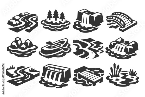 Varied icon set of rivers, lakes, and waterfalls in monochrome style.
