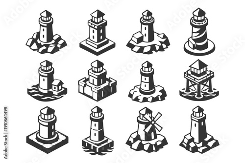 Set of twelve isometric lighthouse vector icons in black and white on white background.