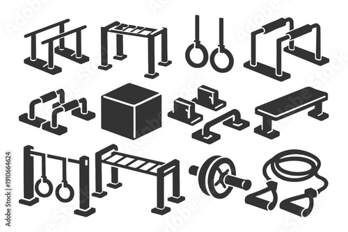 Black silhouette icons of gym equipment for indoor and outdoor fitness.