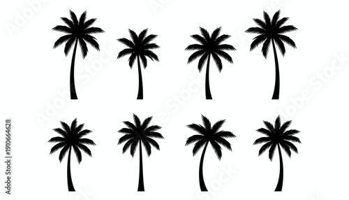 Collection of black silhouettes of palm trees on white background.