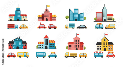 Colorful city buildings and transportation vehicles in a flat design style