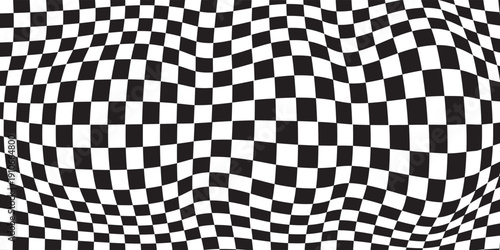 Black and white abstract square backgrounds. Geometric checkered board. Optical illusion, modern art. Psychedelic groovy swirls. Hippie covers, posters, cards, banners. Vector illustration.