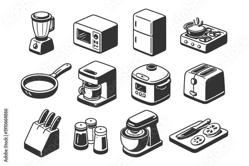 Vector icons of kitchen appliances and utensils set in monochrome design.
