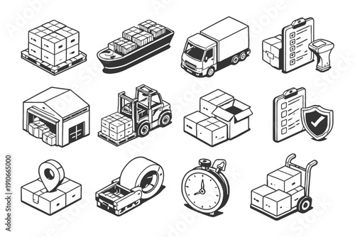Logistics and delivery icons: transportation, packaging, shipping, and inventory management.