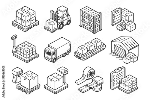 Isometric warehouse elements: pallets, forklift, shelves, conveyor, delivery truck, boxes.