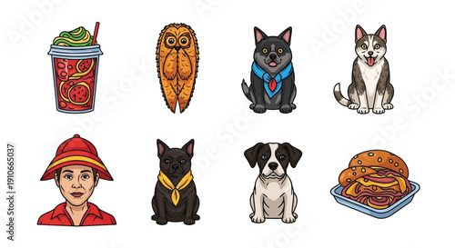 Colorful cartoon illustrations of food animals and people arranged in a grid