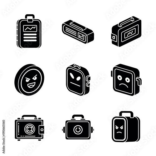A set of nine black and white icons depicting various briefcases and cases with different expressions on a clean white background in a flat graphic design style.