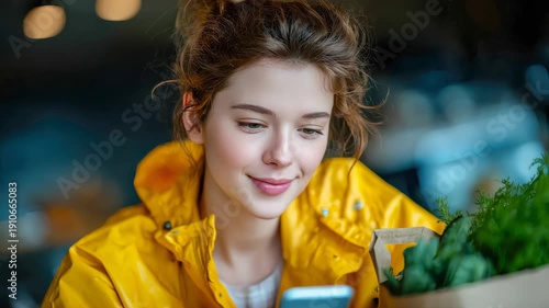 Cheerful young woman in yellow apron shopping for fresh vegetables, using smartphone in modern grocery store with soft bokeh lights