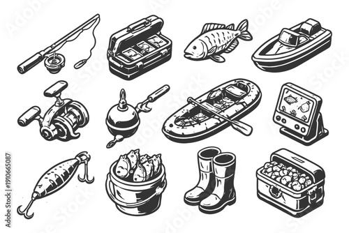 Fishing gear and equipment set: rod, tackle box, fish, boat, and more.