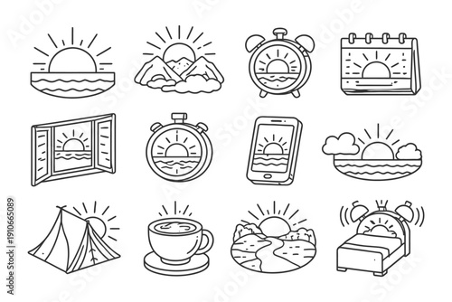 Sunrise icon set: nature, travel, alarm clocks, and daily life in line art.