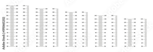 Height charts growth stickers for wall. Stadiometer scale from 50 to 130, 140, 150, 160, 170 centimeters. Height meter simple templates. Markup for rulers. Measuring scale black.