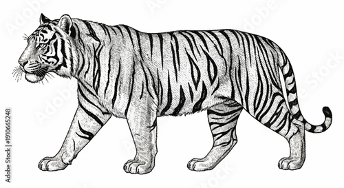 Majestic tiger walking gracefully, a powerful predator in motion, wild animal.
