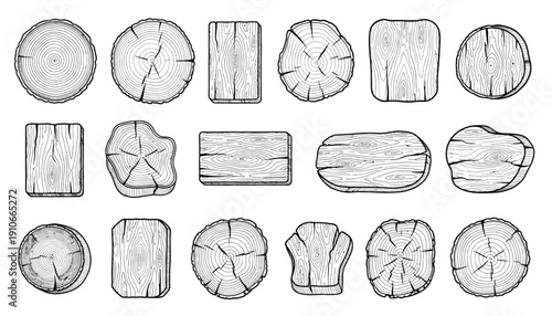 Hand drawn wooden logs and tree trunks in various shapes and sizes.